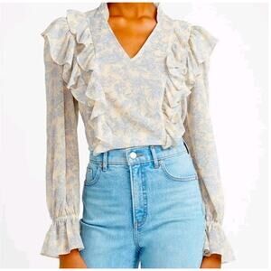 Express Cottagecore Boho Ruffle Poet Blouse Xs Blue Cream